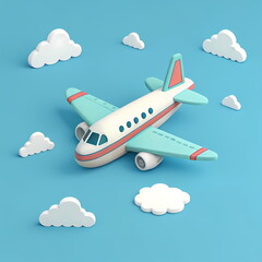 Cartoon airplane flying in blue sky with white clouds, 3d render