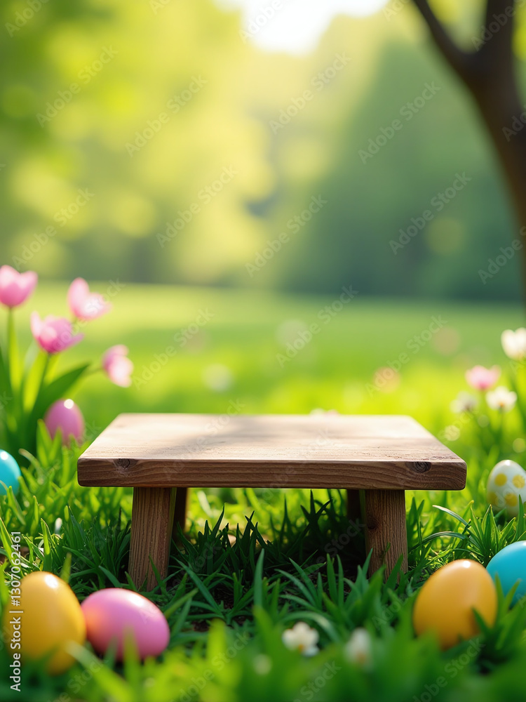 Poster empty wooden table set amidst a lush green meadow featuring colorful easter eggs in a springtime bac