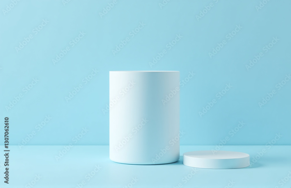 Poster empty cylinder sits atop a light blue abstract background in this abstract scene for showcasing prod