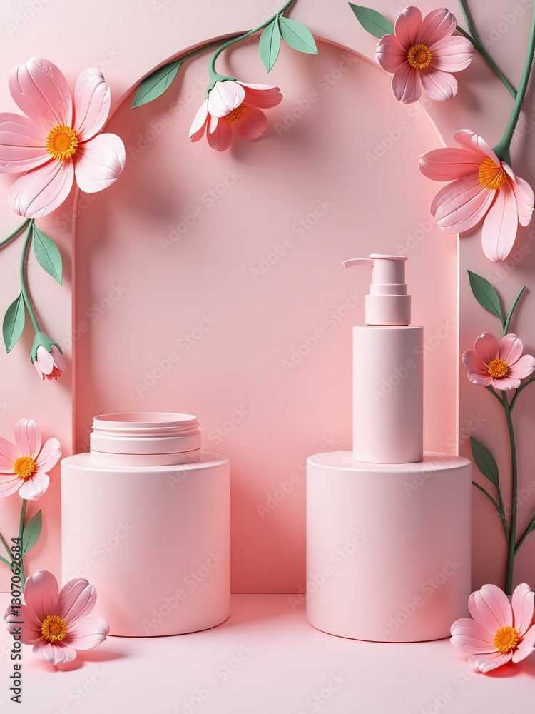 Aufkleber empty cosmetic showcases are visually enhanced by 3d flower paper illustrations to create an attract