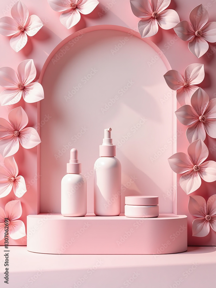 Aufkleber empty cosmetic showcases are visually enhanced by 3d flower paper illustrations to create an attract