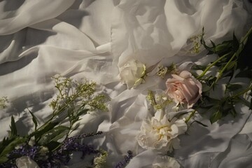 Delicate pastel flowers on soft fabric backdrop evoke spring s charm, perfect for wedding decor and elegant design themes
