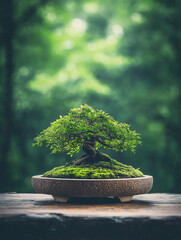 Miniature Bonsai: A meticulously crafted bonsai tree, symbolizing harmony and balance, thrives in a serene outdoor setting, showcasing the art of nature in miniature.