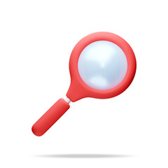 3D red magnifying glass isolated on white. Render plastic cartoon zoom lens. Loupe tool icon. Discovery, analysis, research, investigation, search concept. Vector illustration