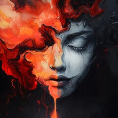 Fototapeta premium A striking artistic portrayal of a split face, merging fiery red and dark hues, symbolizing emotion and duality.