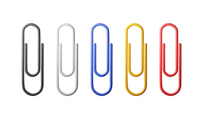 Obraz premium 3D set of colored paper clips isolated on white. Render collection of paperclip icons. Tools for education and work. Stationery and office supply. Vector illustration