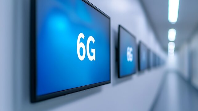 A corridor lined with monitors displaying "6G," emphasizing advanced technology and future connectivity.