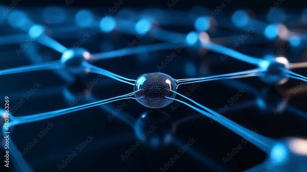 Aufkleber abstract network concept, glowing blue spheres connected by lines on dark reflective surface. digita