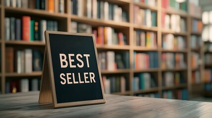 A chalkboard sign reads "BEST SELLER" in front of a blurred bookshelf filled with various books, highlighting popular literature.