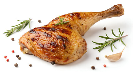A perfectly grilled chicken leg with crispy, golden-brown skin, isolated on a white background for a clean and appetizing look.