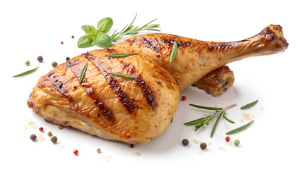 A perfectly grilled chicken leg with crispy, golden-brown skin, isolated on a white background for a clean and appetizing look.