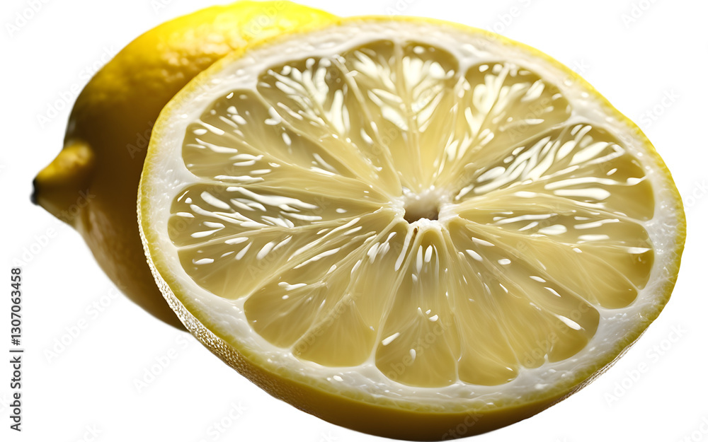 Poster A sliced lemon with visible pulp, isolated on a empty plain background