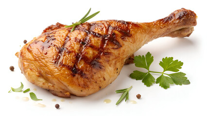 A perfectly grilled chicken leg with crispy, golden-brown skin, isolated on a white background for a clean and appetizing look.
