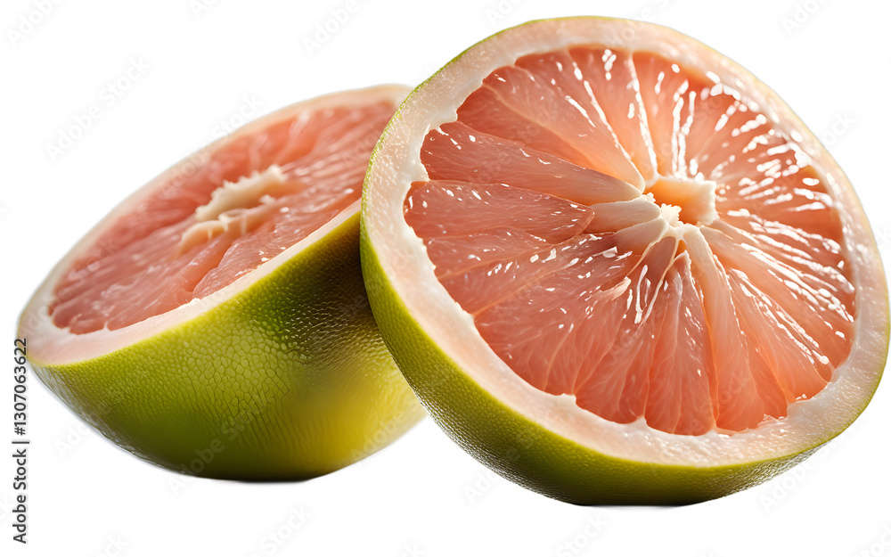 Poster A sliced pomelo with its thick rind, isolated on a empty plain background