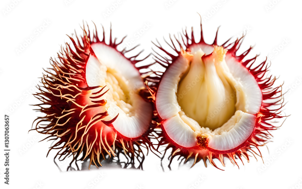 Poster a sliced rambutan showing its white flesh, isolated on a empty plain background