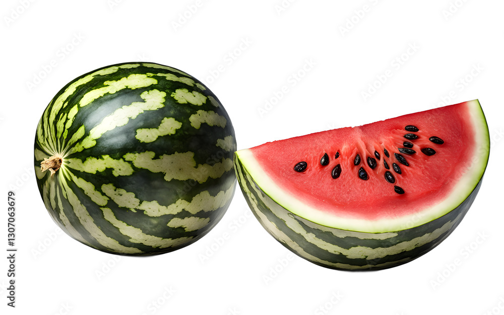 Poster a whole watermelon with its green rind, isolated on a empty plain