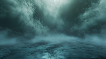 Obraz premium dark background with an empty concrete floor and a large cloud of smoke in the center, creating a mysterious atmosphere