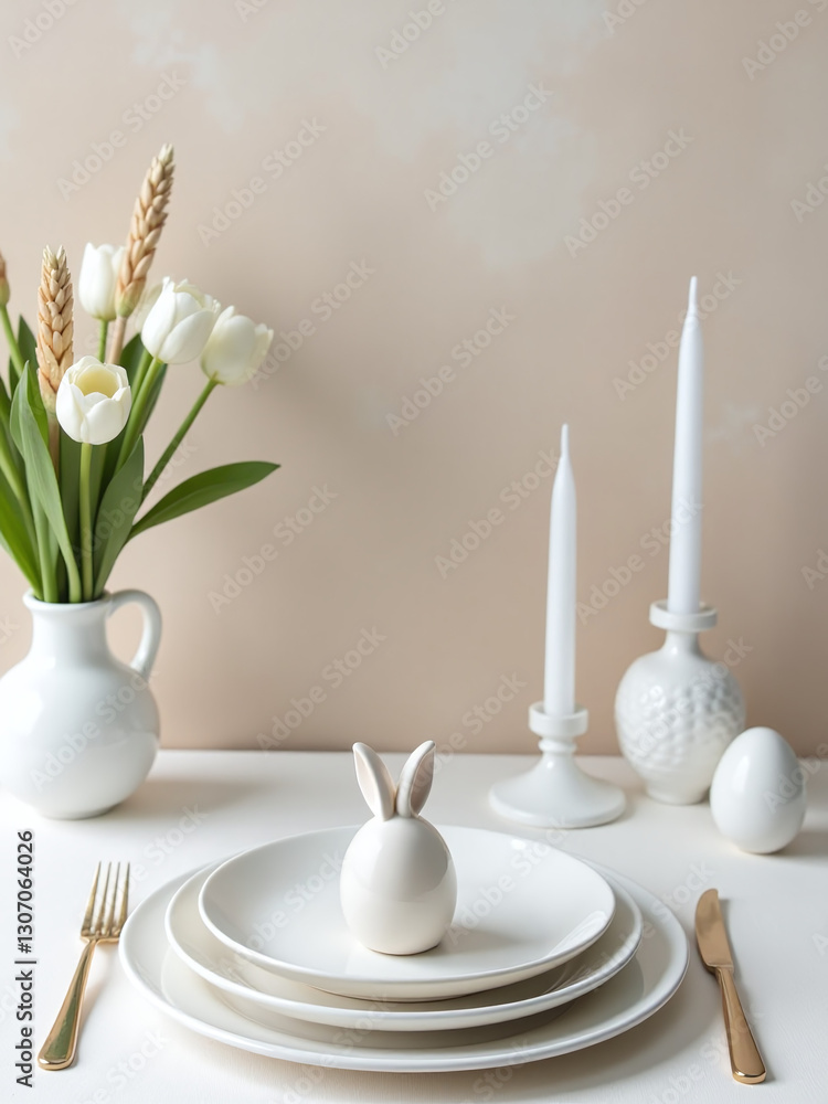 Poster easter table setting features a minimalist approach with simple decorations and a neutral floral bac