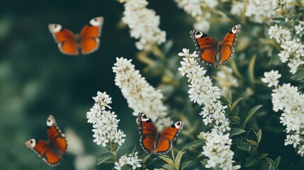 Butterflies in Flight Around White Blossom Flowers in Nature