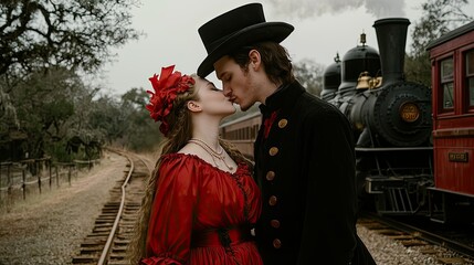 Obraz premium Vintage Couple Kisses near Train
