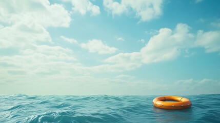 Obraz premium Bright orange rescue ring floating on turbulent ocean waves in a vast seascape. Panoramic 3D render depicting a lifebuoy adrift in deep water, symbolizing safety, emergency, and survival at sea