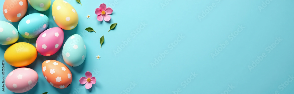 Poster easter eggs in various colors are arranged on a blue background for a festive and creative flat lay 