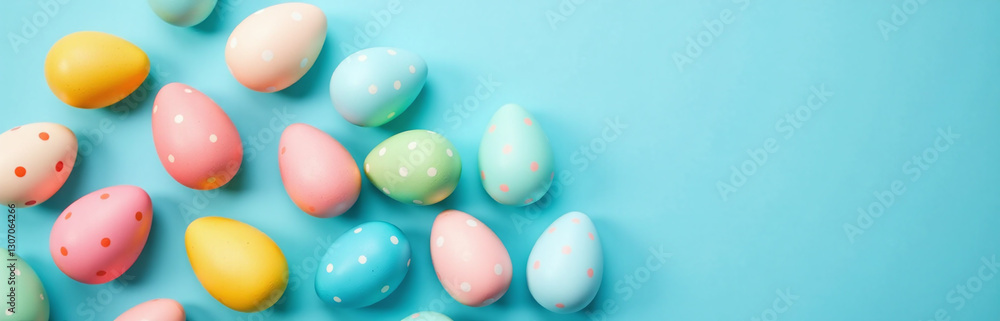 Poster easter eggs in various colors are arranged on a blue background for a festive and creative flat lay 