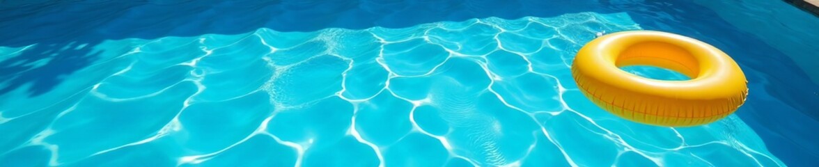 Clear blue pool water with floating inflatable toys, background, relaxation