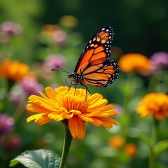 Fototapeta premium Close-up of monarch butterflies fluttering around a garden, garden, close-up