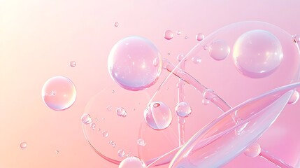 Transparent spheres and molecular bonds of cosmetics highlighted with sparkles create a stylish abstract pattern on a pastel pink and white gradient background. Abstract representation of interconnect