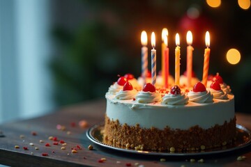 Cake with lit candles and festive decorations, birthday, candles