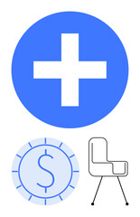 Fototapeta premium Large blue plus symbol, dollar coin, and modern chair outline. Ideal for business, finance, investment, growth, healthcare work-life balance design themes. Flat simple metaphor