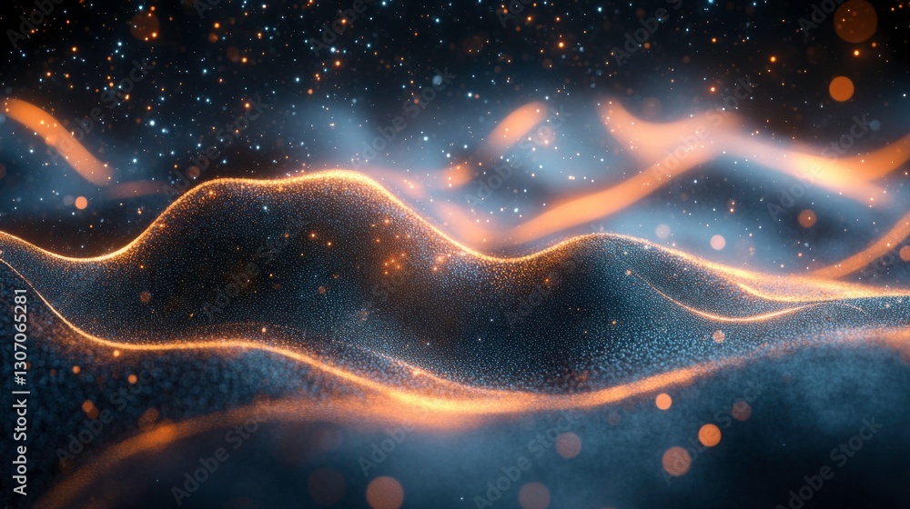 Poster an abstract visualization of glowing waves and particles, creating a dynamic interplay of light and 