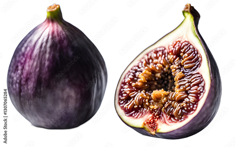 Poster a whole fig with its soft purple skin, isolated on a empty plain background