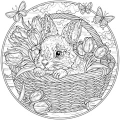 Rabbit in a basket with tulips and butterflies in the frame.Coloring book antistress for children and adults. 