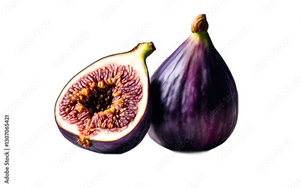 Poster a whole fig with its soft purple skin, isolated on a empty plain background