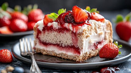 Delicious Strawberry Layered Dessert with Creamy Filling and Fresh Berries on Rustic Table Setting
