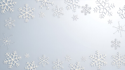 Elegant winter background with delicate white snowflakes, creating a frosty festive frame, perfect for Christmas, holiday greetings, seasonal designs, New Year invitations, and winter-themed projects.