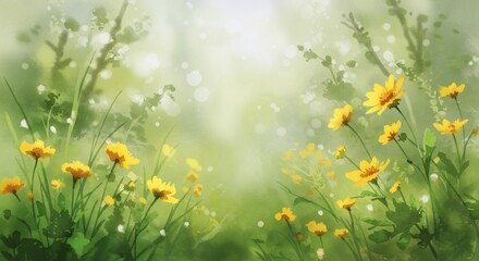 Obraz premium Soft sunlight illuminates vibrant yellow wildflowers. AI Generated