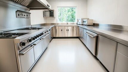 Modern Commercial Kitchen with Stainless Steel Appliances and Bright Natural Light Entering Through a Window