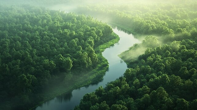 Aerial view of a dense forest with a river winding through, morning mist creating a dreamy atmosphere, ultra-detailed, high definition, 4K.