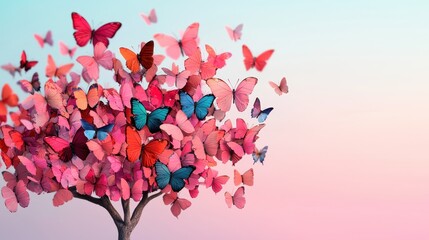 Colorful Butterflies Surrounding a Tree Symbolizing Transformation and Nature's Beauty