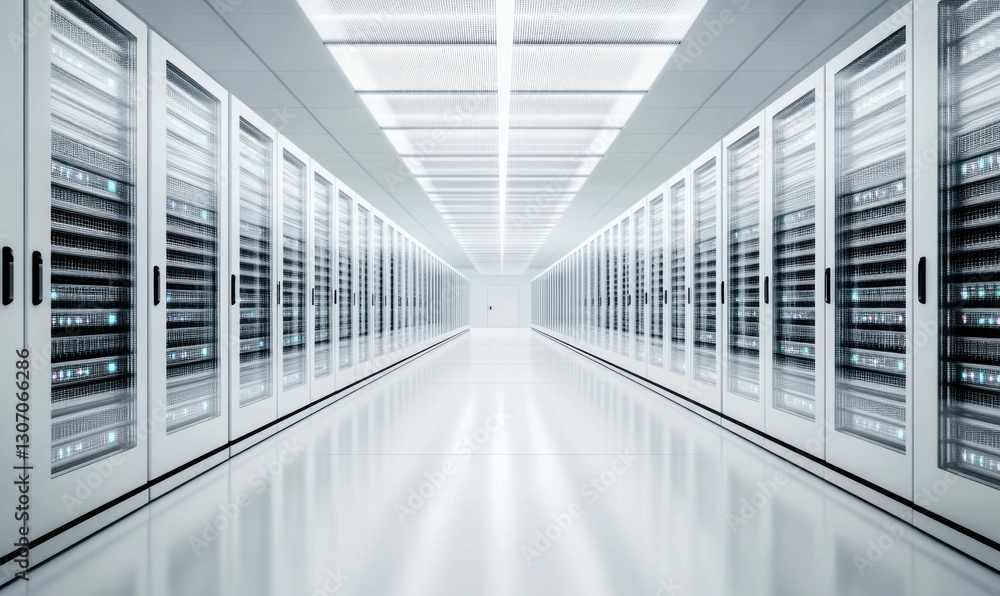 Poster modern data center with rows of server racks