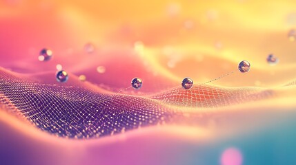 Transparent spheres and molecular bonds of cosmetics highlighted with sparkles create a stylish abstract pattern on a pastel pink and white gradient background. Abstract representation of interconnect