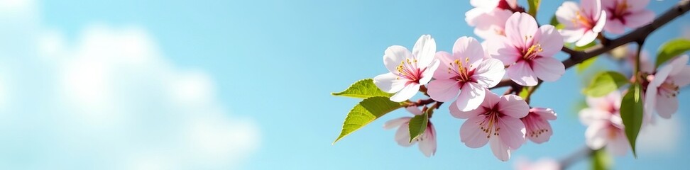 Fototapeta premium Branch of cherry blossom with green leaves against sky, season, flora