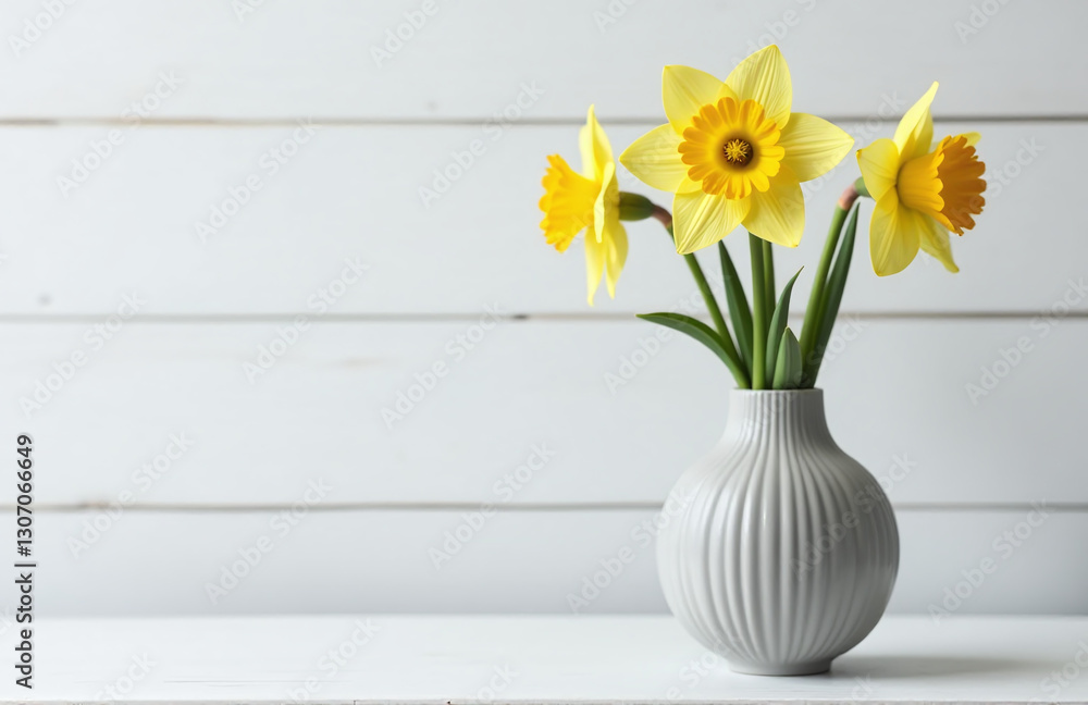 Aufkleber daffodil flower placed in a modern gray vase on a table with white wood shiplap and empty space to o