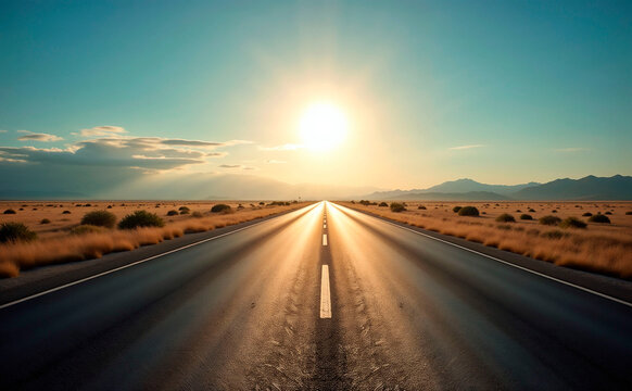 Vast open road leading to a bright sunset, symbolizing future possibilities and journeys ahead