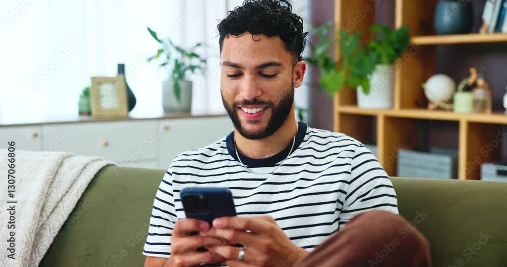 Poster sofa, man and happy with mobile for chat, text message and comment for reel on social media. home, m