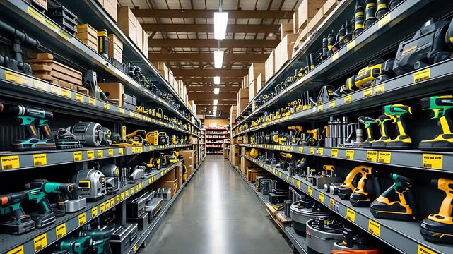 Wide-Angle View of Organized Tool Storage Aisle with Power Tools, Hand Tools, and Accessories on Shelves in a Hardware Store

