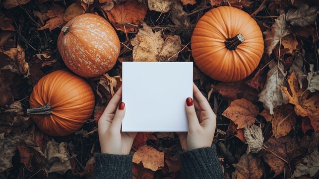 Autumn card pumpkins leaves blank note. AI generated